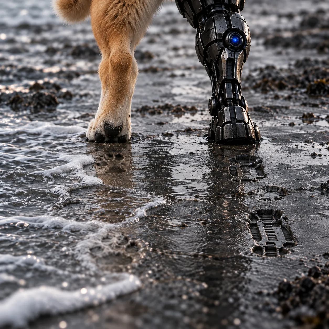 Organic paw prints and cybernetic foot impressions of Artificial Giga Inu diverging on a tidal causeway; the incoming tide erases the organic trail first.