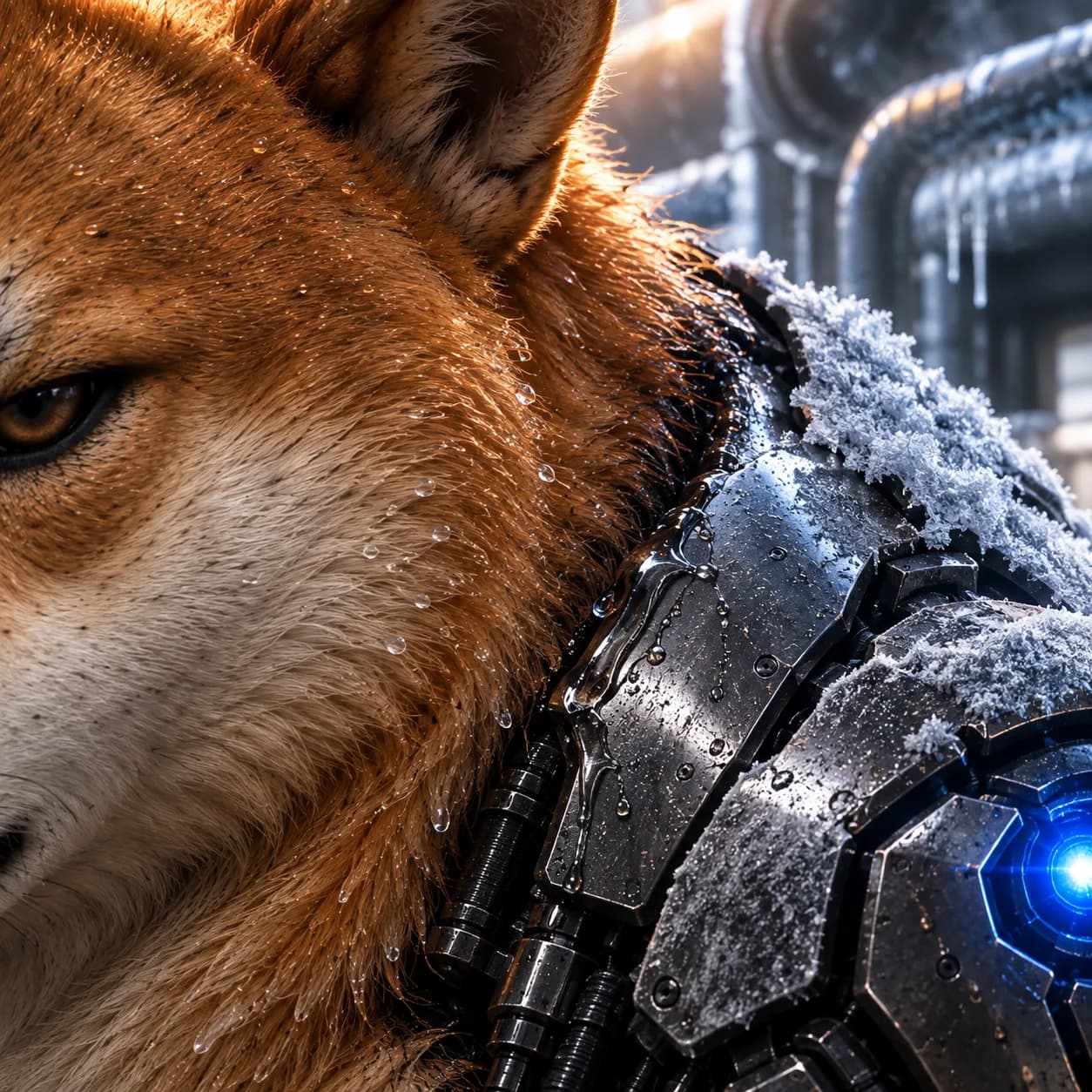 A frost line crossing the shoulder of Artificial Giga Inu, retreating from the plating toward the fur.